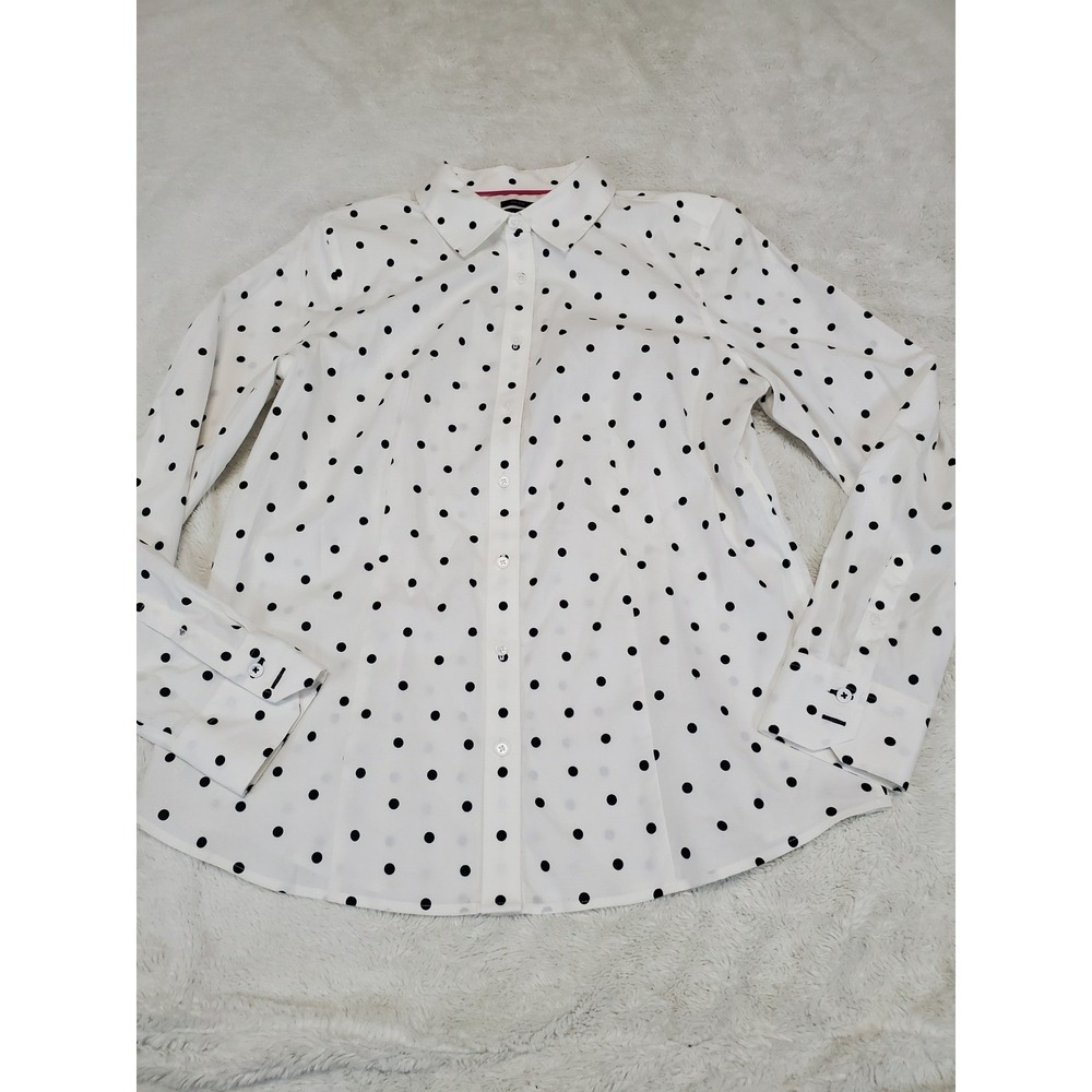 Talbots White Black Polka Dot Button Classic Non Iron Blouse 8 Office Capsule
